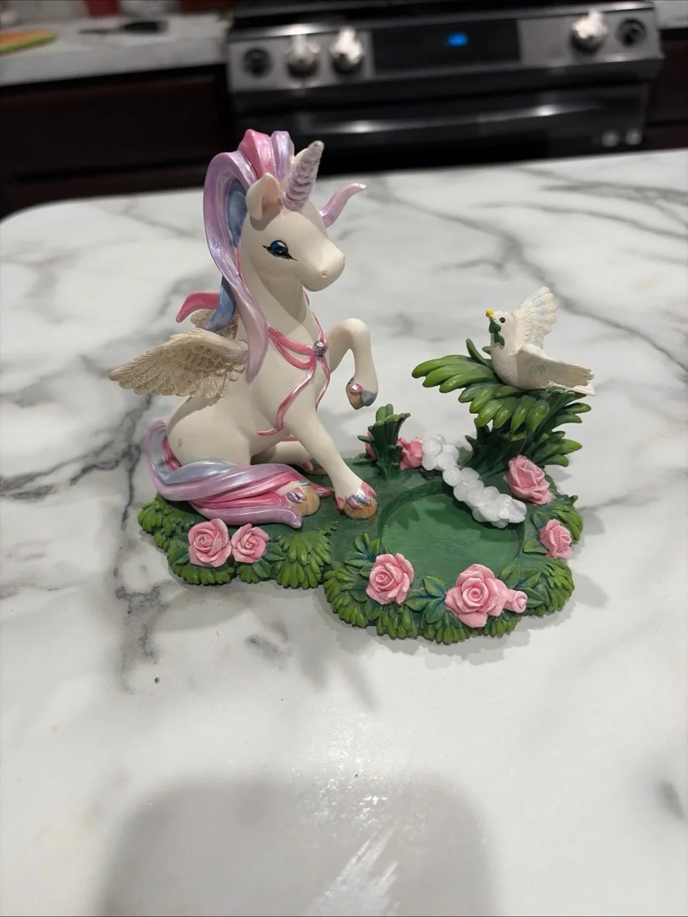 Pink & White Unicorn Cake Topper with Rose Garden